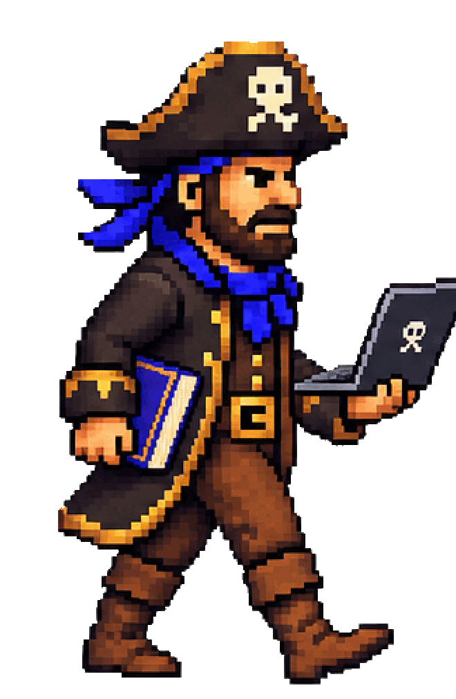 Pixel Pirate walking with laptop and logbook